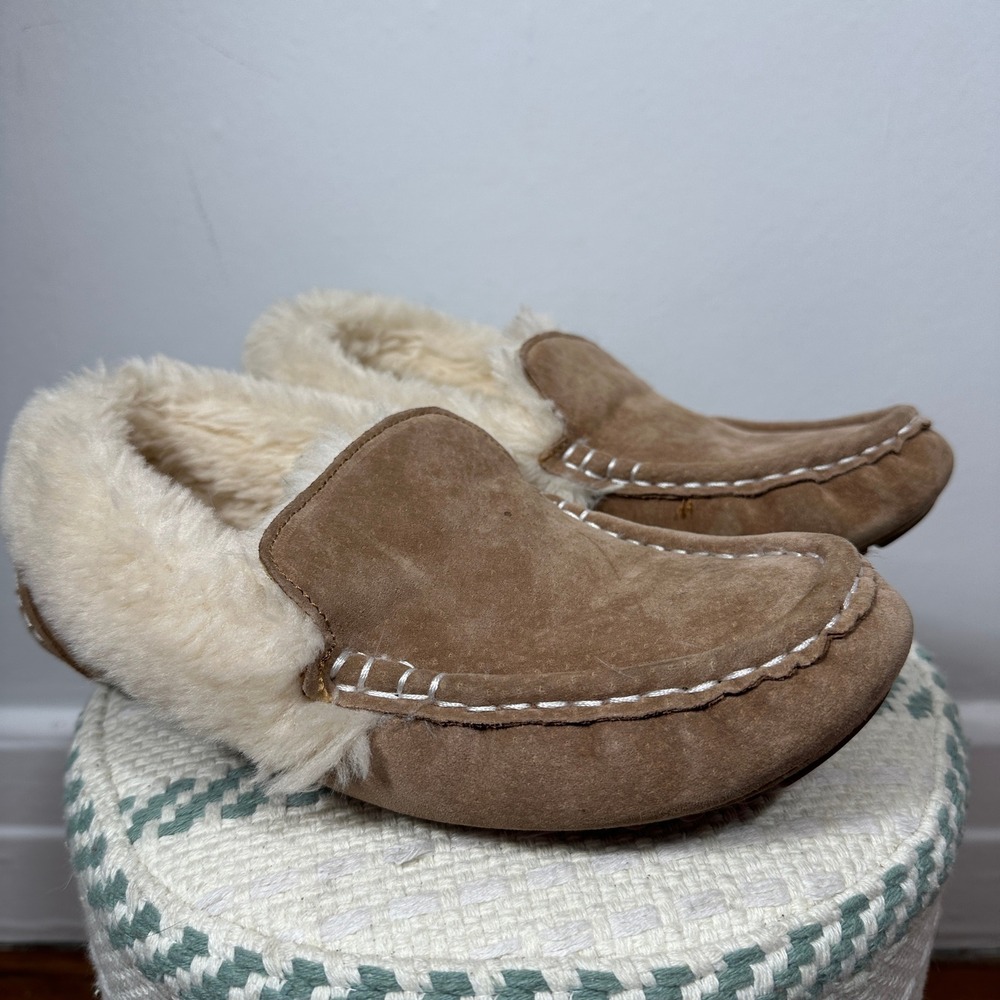 Lamo Moccasin Slippers Womens 10 Tan Excellent Suede Faux Fur Lined Slip On